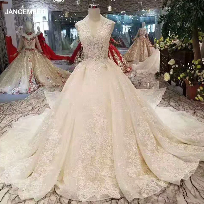 LSS389 блестящее свадебное платье без рукавов со съемным шлейфом и V образным