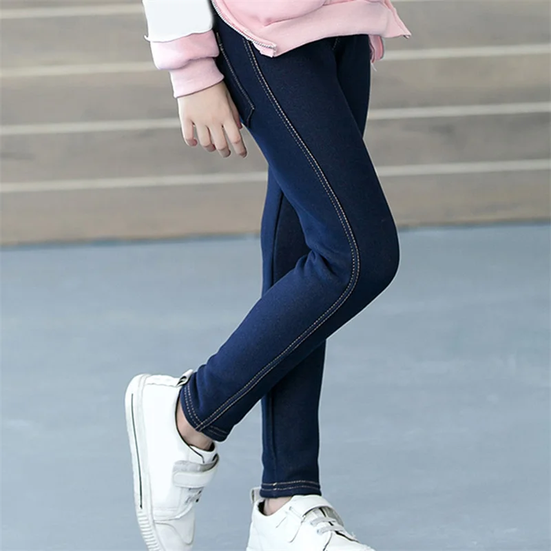 

2021 Children Pants Girls Plus Velvet Thick Jeans High Waist Warm Trousers Kids Leggings 4 to13Years Baby Clothes Pencil Pants