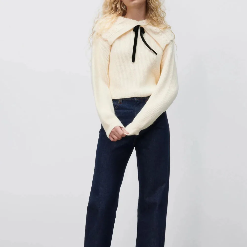 

Женский свитер с бантом и искусственным жемчугом, вязаный Ретро-свитер с большим воротником с лацканами и длинным рукавом, Женская куртка, ш...