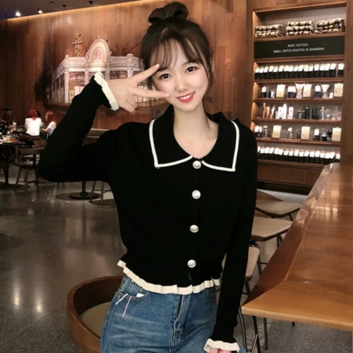 Женская трикотажная блузка с оборками тонкий свитер длинным рукавом Укороченный