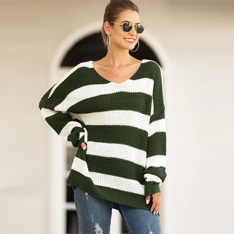 

2021 new style knit sweater collar stripe color matching off-shoulder sweater women