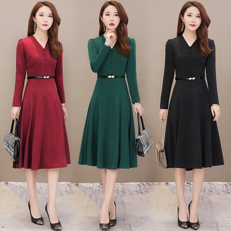 2019 осенне зимнее платье с длинными рукавами женское винтажное тонкое офисное