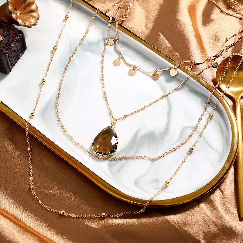 Многослойный ошейник-чокер с подвеской в форме сердца 4 слоя s капля воды кристалл