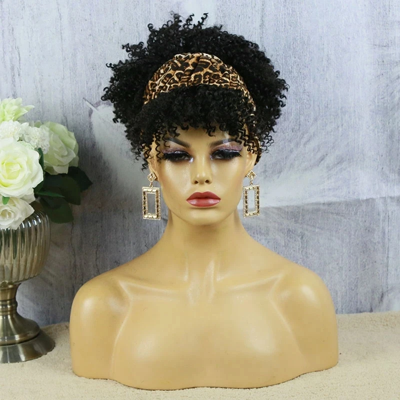 Synthetic Curly Headband Wigs Short Black Kinky Curly Wig with Bangs Afro Puff Wigs for Women Head Wrap Wig