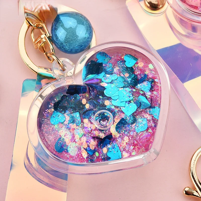 

Creative Acrylic Into Oil Bottle Quicksand Love Keychain Glitter Peach Heart Car Key Ring Chain Jewelry Accessories Wholesale