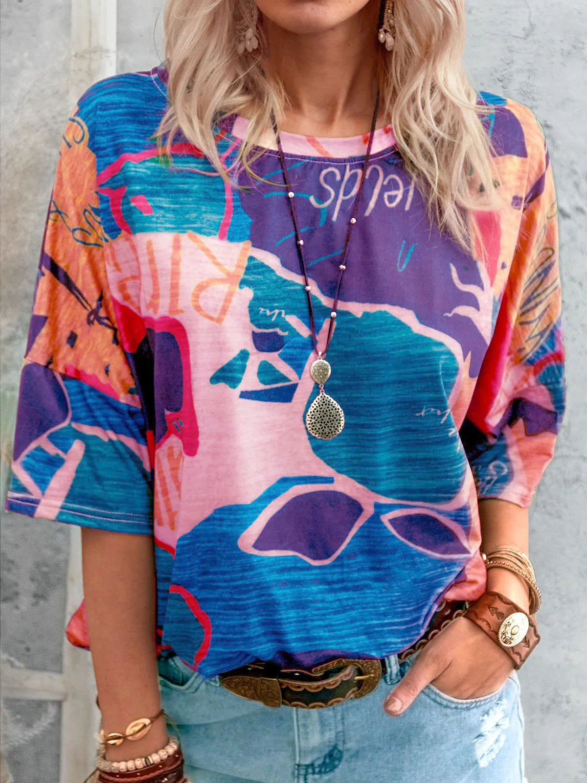 

Women Clothing Short-sleeved Round Neck Plus Size T-shirt Map Graffiti Printing Loose Tops Summer Casual Pullover Ladies T-shirt