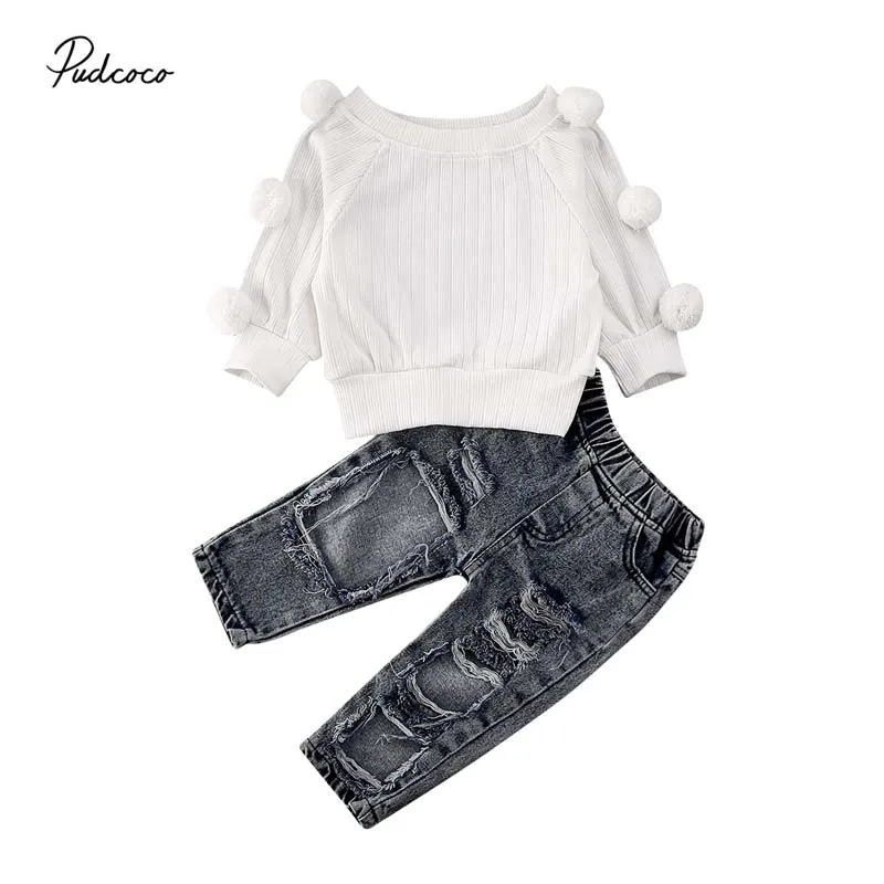 2 шт. вязаный свитер с пушистыми шариками и рваные джинсовые брюки|Комплекты