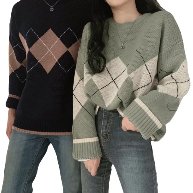 

Женские свитера с узором ромбиками, Осень-зима 2021, пуловеры, свободные вязаные корейские Топы с длинным рукавом и круглым вырезом, повседнев...