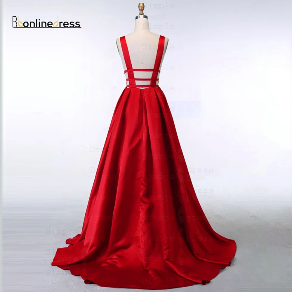 Bbonlinedress Красное Атласное выпускное платье трапециевидной формы с глубоким