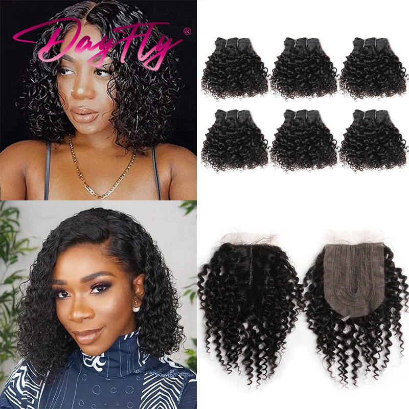 Short Hair Bundles With Closure 6+1/lot Brazilian Afro Kinky Curly Hair Bundles With 4x4x1 Closure Middle Part with Preplucked
