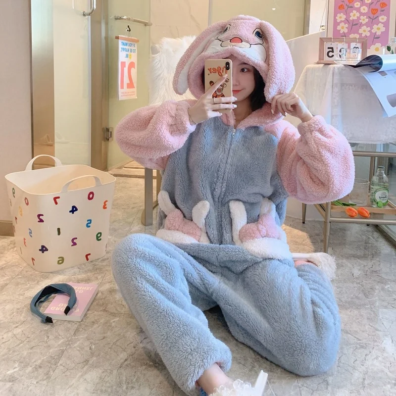 Pajamas Female Autumn and Winter Cute Cartoon Hooded Coral Velvet Thickened Flannel Warm Home Clothes Can Be Worn Outside Pajama