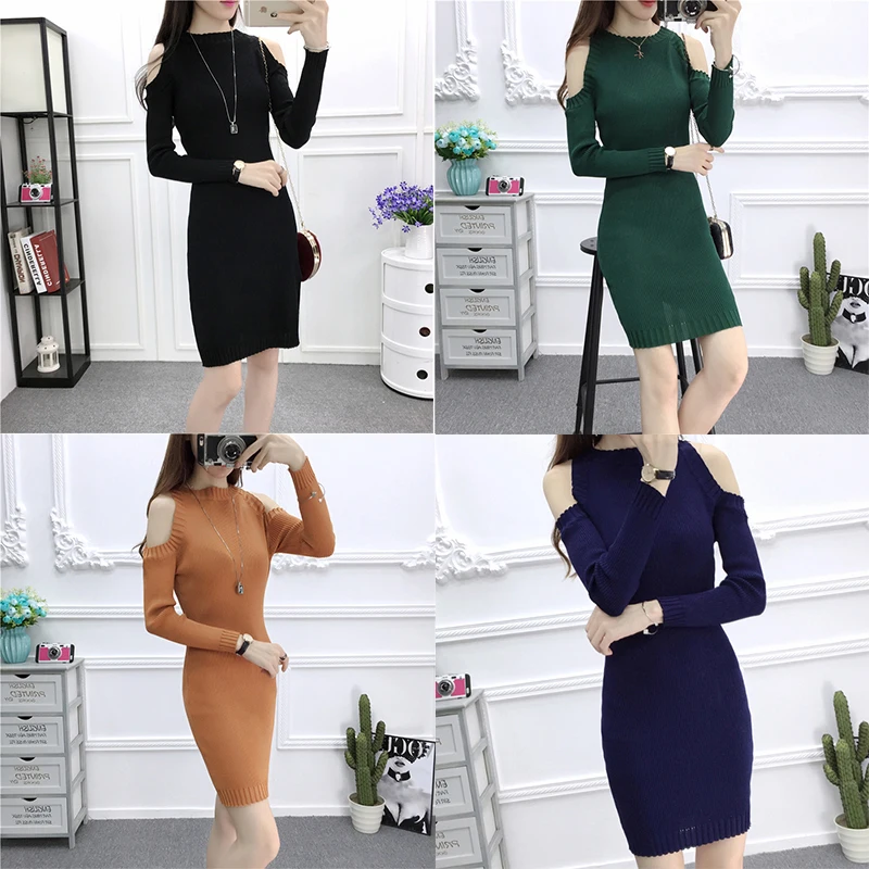 Холодное плечо 2019 трикотажное мини платье с длинными рукавами для женщин