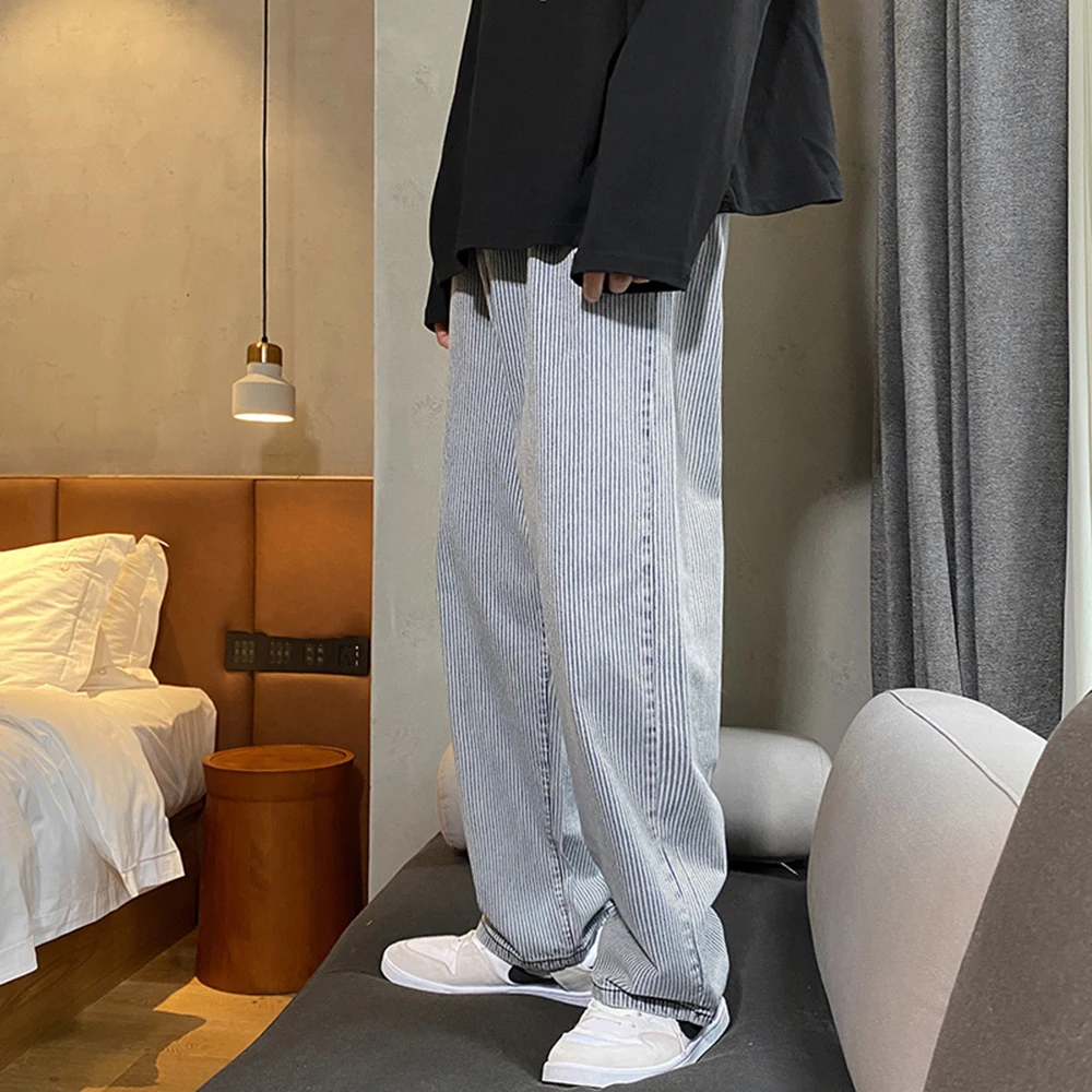 Retro Jeans Men's Fashion Washed Striped  Casual Straight Jean Pants Men Streetwear Mens Denim Trousers