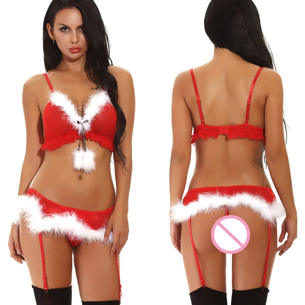 Рождественское Сетчатое прозрачное женское пикантное яркое нижнее белье костюм