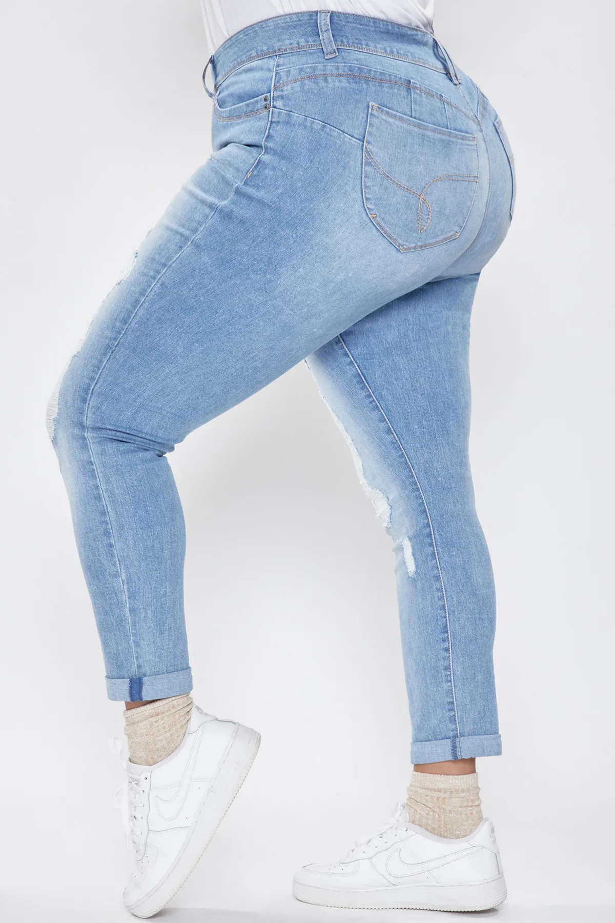 

plus size middle waist jeans pants ripped hole pencil pants custom logo print on product and package from 1pc dropship