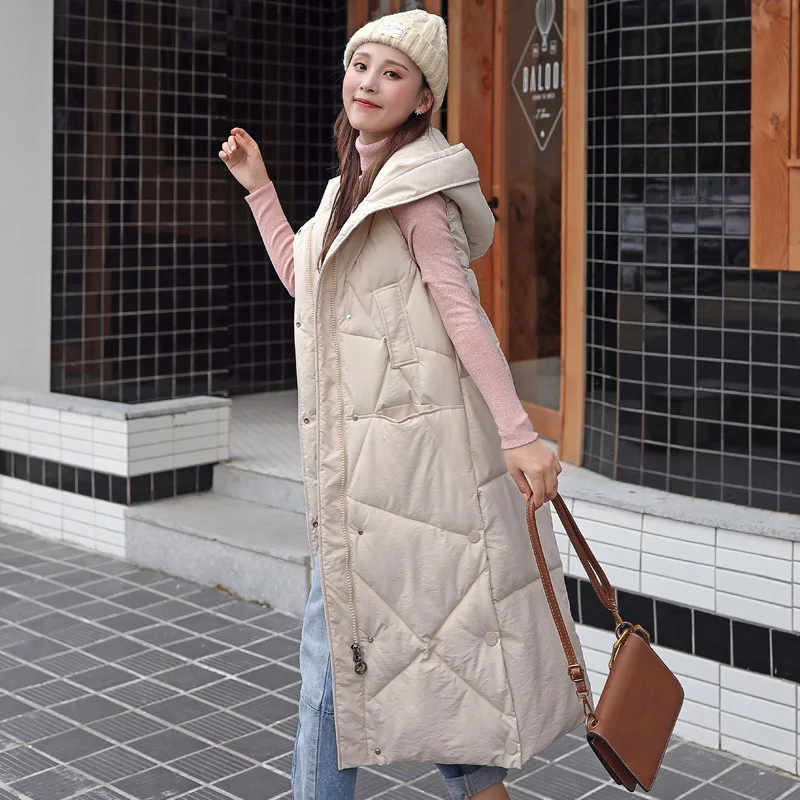 

Women Waistcoat Winter Vest Long Down Cotton Jackets Sleeveless Bread Coats Oversize Hooded Vest With Pocket Chalecos Para Mujer