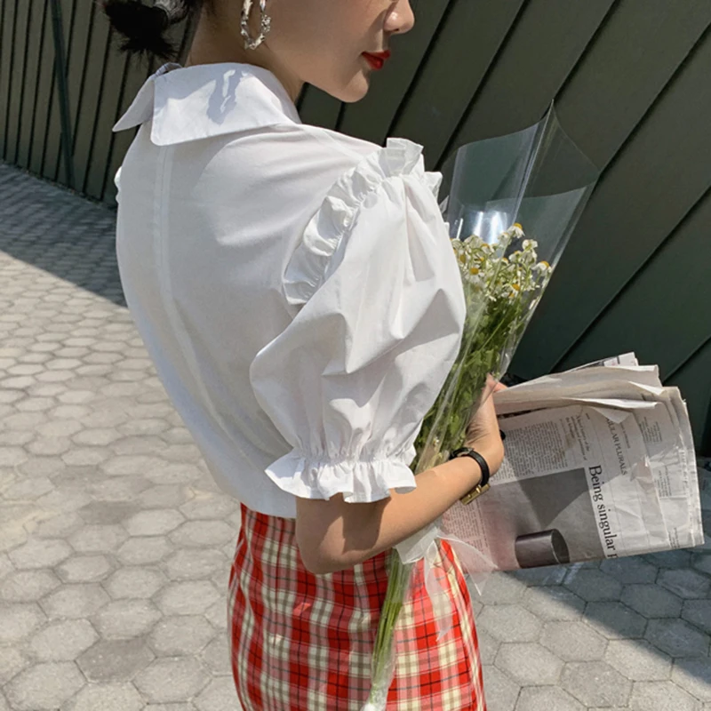 

GALCAUR White Casual Shirt For Women Lapel Collar Puff Short Sleeve Solid Blouses Females Fashion Summer Clothing 2021 New Style