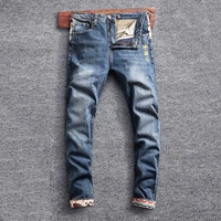street style fashion men jeans retro blue elastic slim fit spliced designer jeans men embroidery patches hip hop denim pants