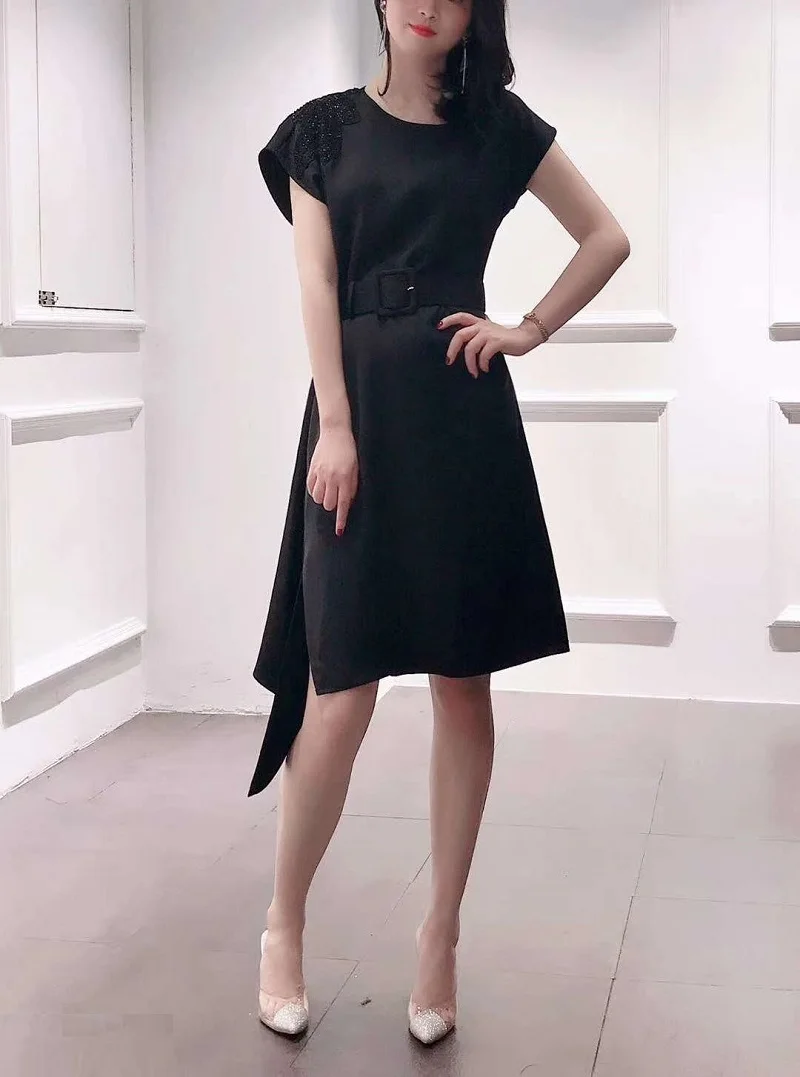 

Work Top Quality Dress 2021 Summer Women Beading Deco Asymmetrical Sexy Short Sleeve Elegant Black Green Belt Dress Office Lady