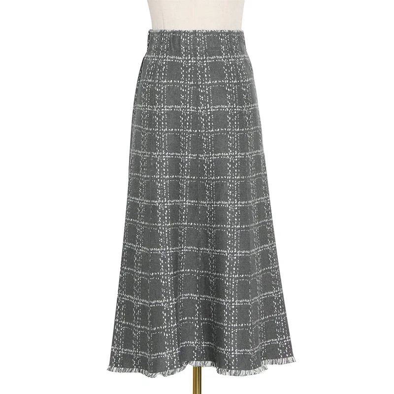 

Winter new fashion temperament casual high waist elastic waist plaid stitching contrast color long skirt