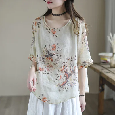 

Short Sleeve Floral Tops Linen Clothing Summer Thin T-shirt Women's Round Neck Loose Split Hem Button Decoration Yalabovso