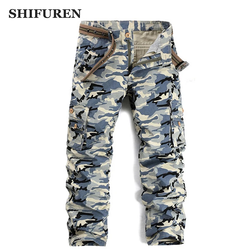 

SHIFUREN Men Camouflage Military Cargo Pants Multi Pocket Cotton Overalls Long Trousers Male Pantalon Homme Size 28-38 No Belt