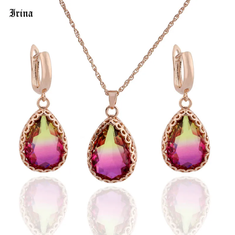 

Trendy Colorful Cubic Zirconia Water Drop 585 Rose Gold Color Earring and Pendant Sets for Women Girls Wedding Jewelry Sets