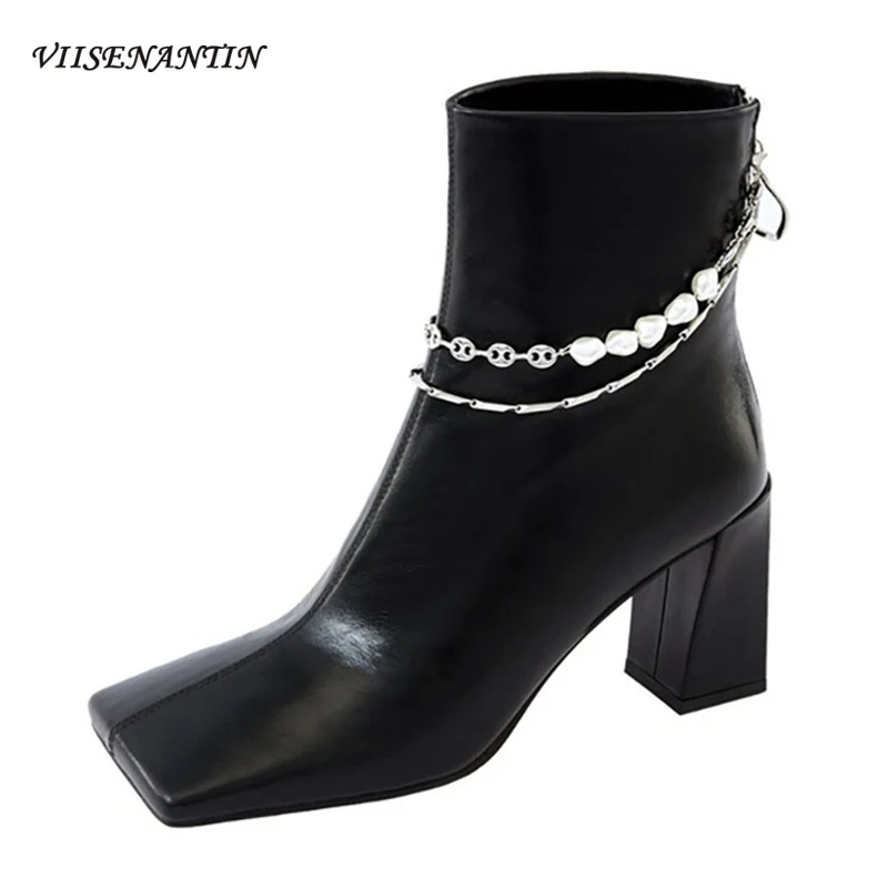

Женские сапоги на высоком каблуке, черные сапоги с украшением из жемчуга и цепей, на толстом каблуке, с квадратным носком, на молнии, Осень-зи...