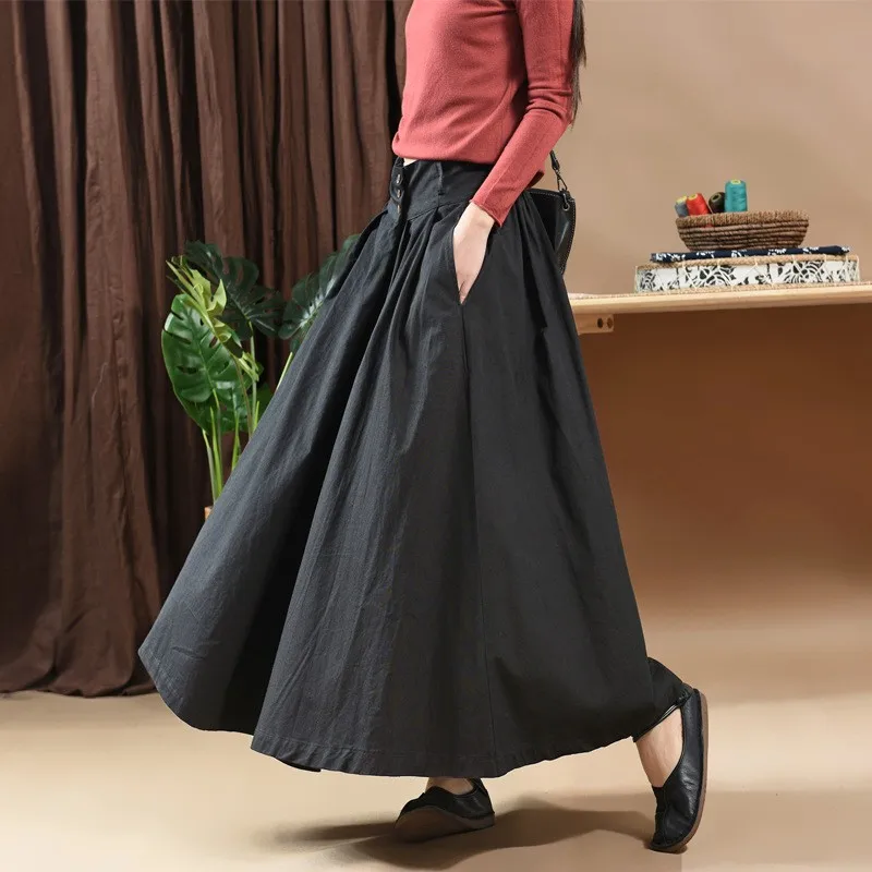 

2021 New Brand Vintage Elastic Waist Big Hem Womens Pleated Skirts Solid Loose Fit Cotton and Linen Female Medium Length Skirts