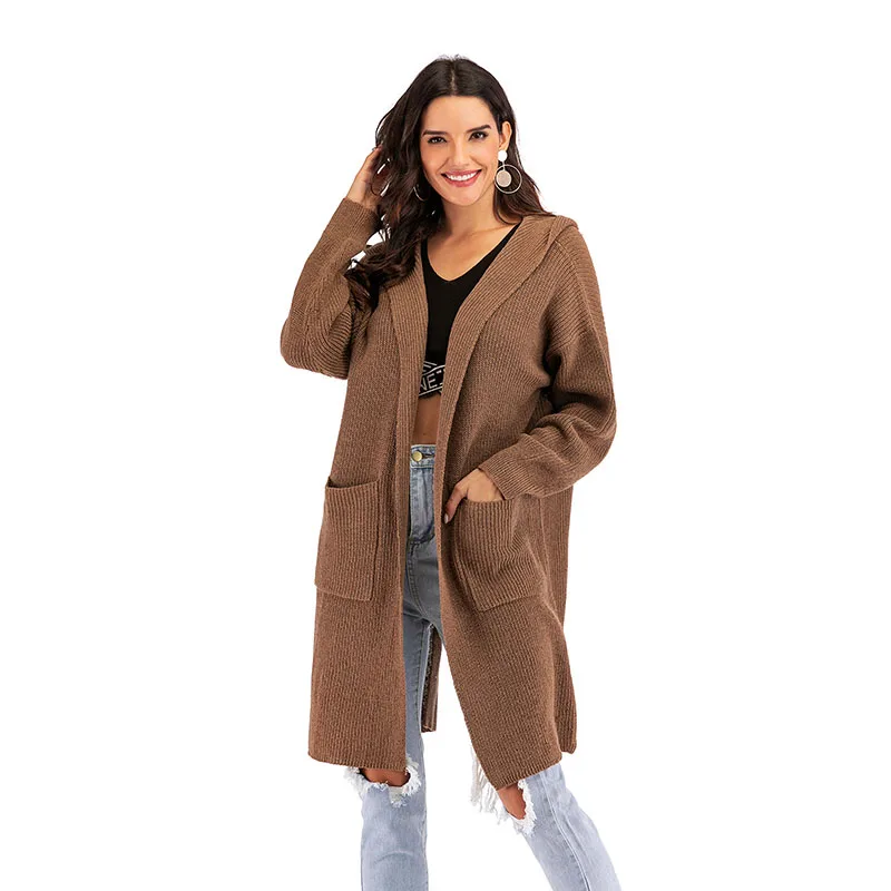 

Кардиган женский зимний с капюшоном, однотонный, с карманами и длинным рукавом, 2020