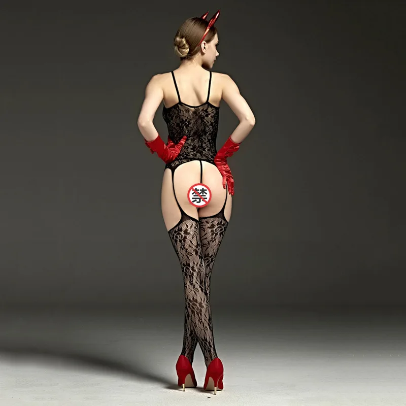 

See Through Leotard Sexy Lingerie Mesh Printed Fabric Transparent Erotic Underwear Women Open Crotch Bodysuit Nylon Stockings