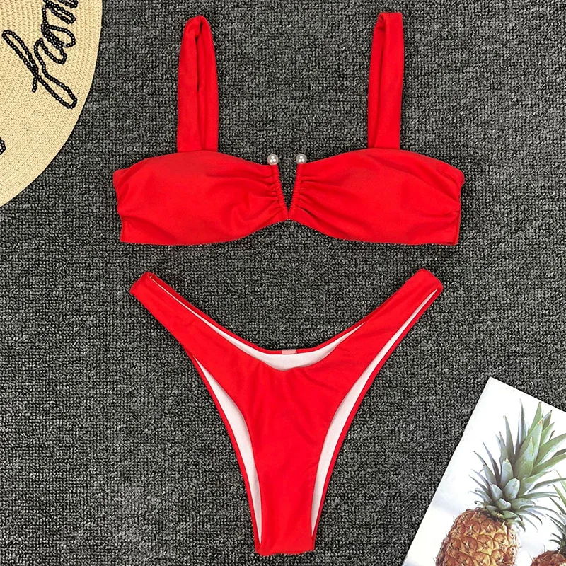 Соблазнительное бикини с V образным вырезом и жемчугом 2020 Женский плиссированный