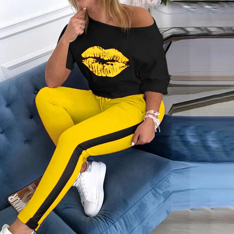 

2020 Women Autumn 2Pieces Suits Lips Printed Mid-sleeve O-neck Sexy T-shirts+Elastic Waist Colorblock Casual Pants Sport Suits