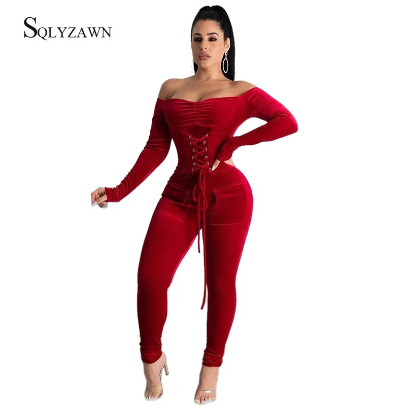 Винтажный бархатный Облегающий комбинезон со шнуровкой и воротником-лодочкой