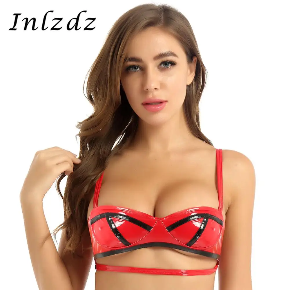 

Womens Erotic Lingerie Bra Top Wet Look Patent Leather Adjustable Shoulder Straps Cut Out Underbust Wire-free Unlined Bra Top
