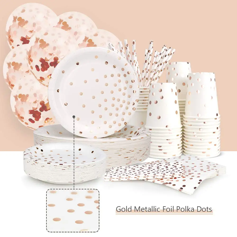 300PCS Rose Gold Paper Party Supplies Disposable Plate Cutlery Set Dot Hot Stamping | Дом и сад