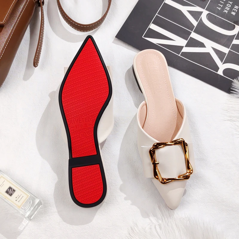 2021 Spring and Summer New Artificial Leather Ladies Pointed Metal Flat Shoes Fashion Trend Designer Slippers Ladies Flat Shoes