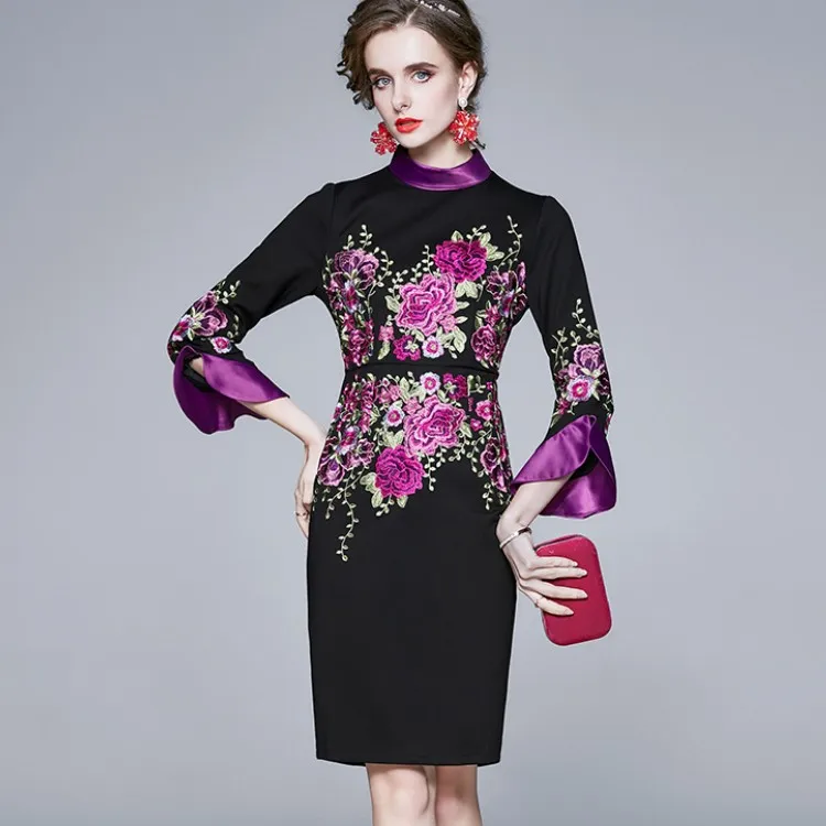 

Runway Designer Spring Fashion Flower Embroidery Party Dress Vintage Women Stand Collar 3/4 Sleeve Office OL Bodycon Dress