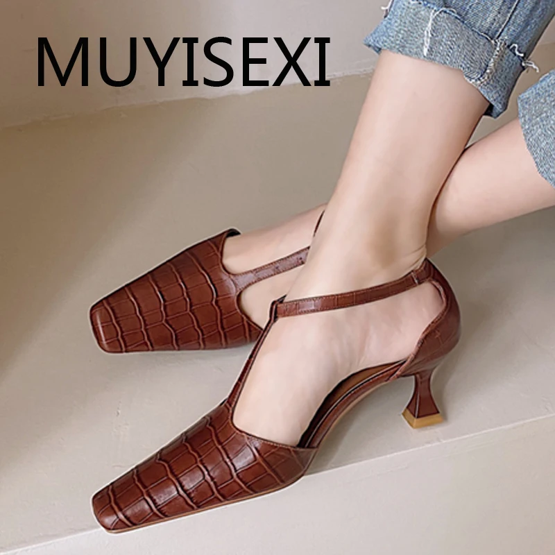

Buckle straps fashion elegant genuine leather square toe 7cm high heels women party brand shallow summer sandals DMJ26 MUYISEXI