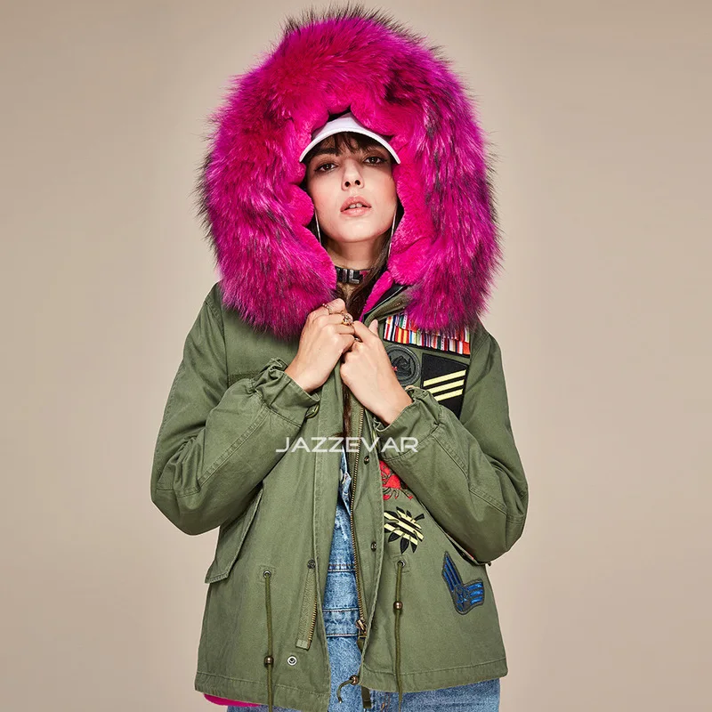 

Real Fur Coats Winter Jackets Women's Long Parka Waterproof Raccoon Fur Collar Hooded casual Warm Real Fox Fur Liner 2019 green