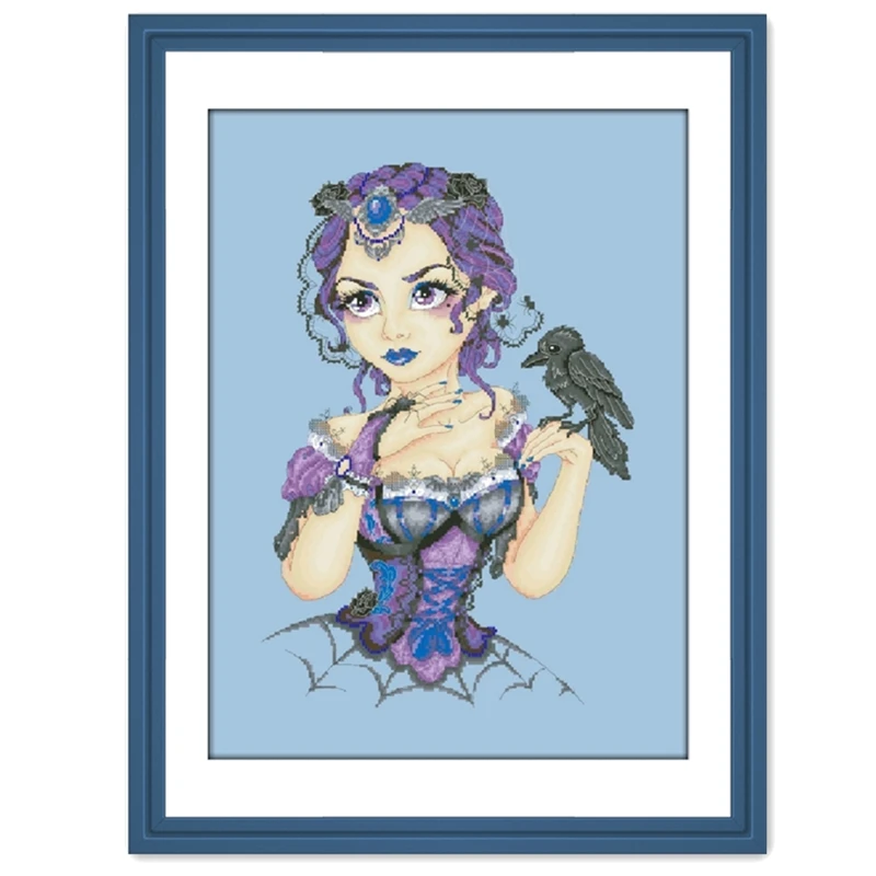 

Clear stock Witch and crow cross stitch kits aida fabric 18ct 14ct 11ct counted skyblue embroidery handmade Folk Crafts