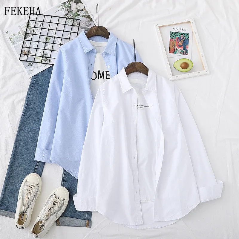 2022 Spring 100% Cotton Blouses Womens Shirts Blue White Long Sleeve Lady Tops Female Outwear Clothes Solid Color Good Quality