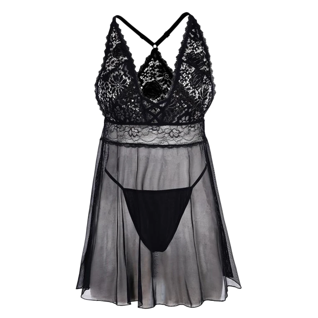 

Women's Black V-Neck Sheer Lace G-String Lingerie Underwear Babydoll