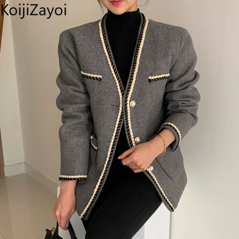 Koijizayoi Women V Neck Tweed Woolen Jackets 2022 New Fashion Pearls Button Loose Coat Long Sleeve Pockets Wool Outwear Vintage
