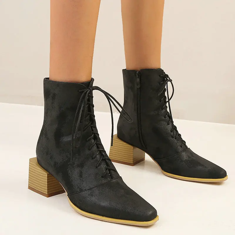 

Solid Ankle Boots for Women Casual Med Heels Short Boots Waterproof Black Red Yellow Women's Ankle Boots Party Shoes Large Size