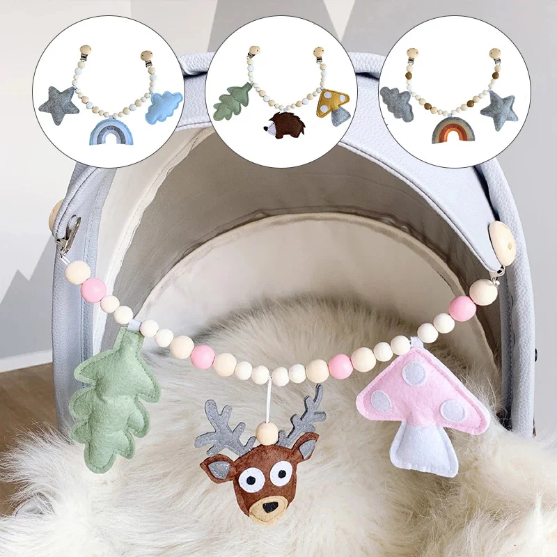 

Cute Wooden Pram Clip Toy Baby Mobile Pram Plush Bead Pacifier Chain Chewable Rattle Baby Wooden Teether Necklace Teething Beads