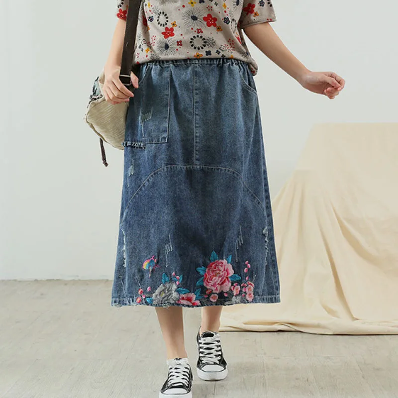 Женская джинсовая юбка Johnature однотонная свободная универсальная большого