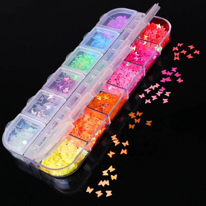 1 коробка для дизайна ногтей флуоресцентные хлопья голографические бабочки