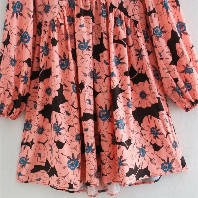 

Qeils Women Casual Chic Fashion Floral Print Pleated Mini Dress Vintage Puff Sleeve Backless Elastic Female Dresses Mujer