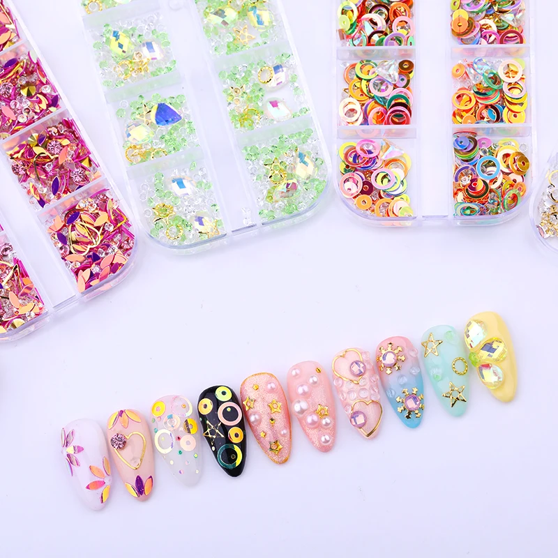 12 сетки/коробка Красочные Стразы для ногтей плоская задняя сторона смешанный